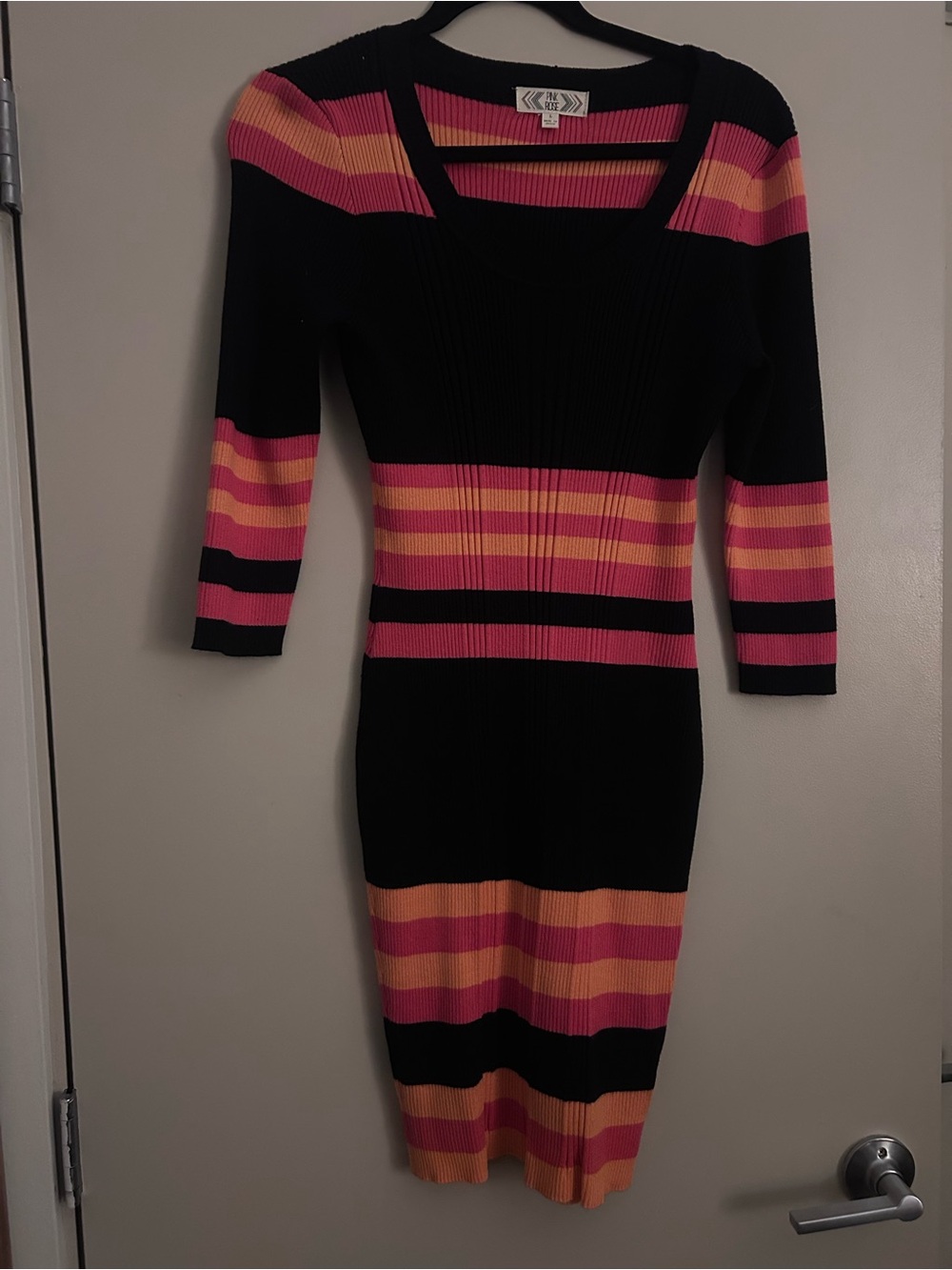Pink Rose Black Midi Dress with Pink & Orange Stripes